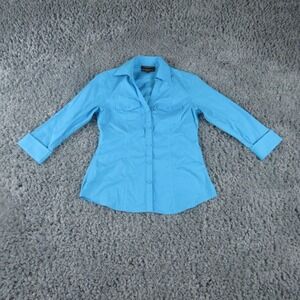 Foxcroft Shirt Womens 0P Blue Non Iron Stretch 3/4 Sleeve Button Up Top